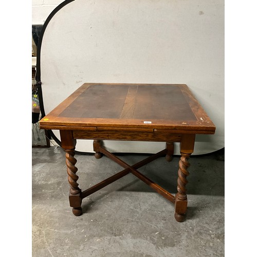 484 - OAK BARLEY TWIST STRETCHERED EXTENDING DINING TABLE A/F WORMED