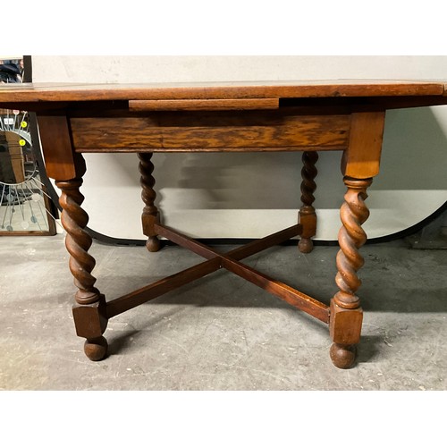 484 - OAK BARLEY TWIST STRETCHERED EXTENDING DINING TABLE A/F WORMED