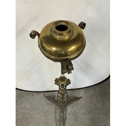 492 - VICTORIAN BRASS EFFECT CHURCH STYLE PEDASTAL WITH PARAFFIN LAMP BASE TO TOP H58