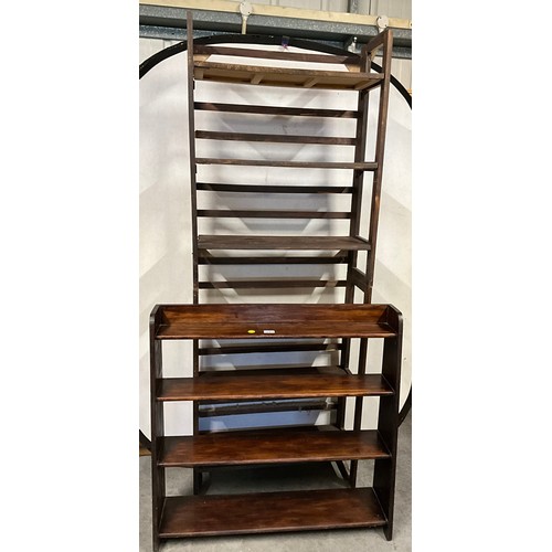 494 - OAK GALLERY BOOK CASE A/F AND A PAINTED FOLDING OPEN BOOK SHELF A/F