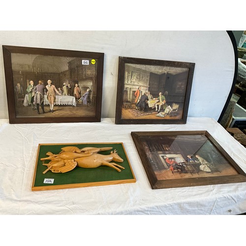 502 - OAK FRAMED VICTORIAN STYLE PRINTS SIGNED M DOVASTON AND A WOOD ANIMAL CARVING