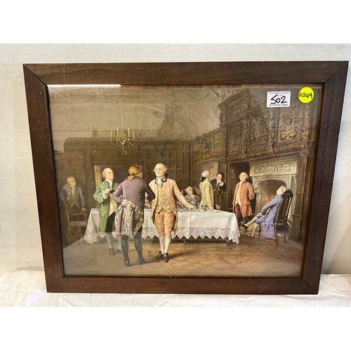 502 - OAK FRAMED VICTORIAN STYLE PRINTS SIGNED M DOVASTON AND A WOOD ANIMAL CARVING