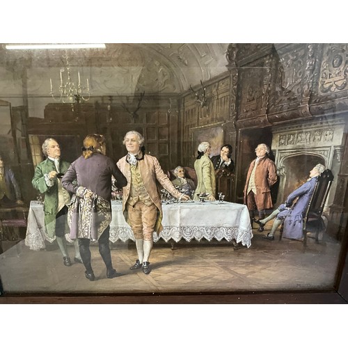 502 - OAK FRAMED VICTORIAN STYLE PRINTS SIGNED M DOVASTON AND A WOOD ANIMAL CARVING