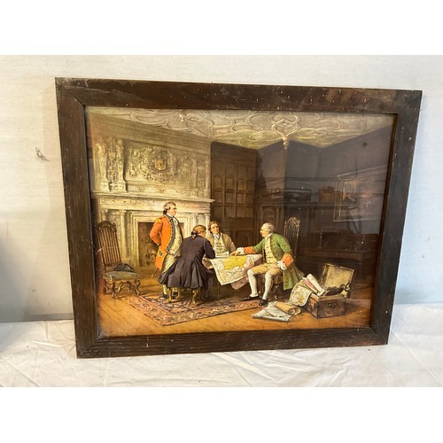 502 - OAK FRAMED VICTORIAN STYLE PRINTS SIGNED M DOVASTON AND A WOOD ANIMAL CARVING