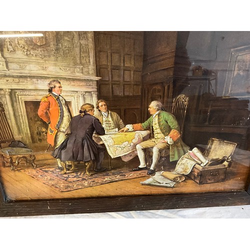 502 - OAK FRAMED VICTORIAN STYLE PRINTS SIGNED M DOVASTON AND A WOOD ANIMAL CARVING