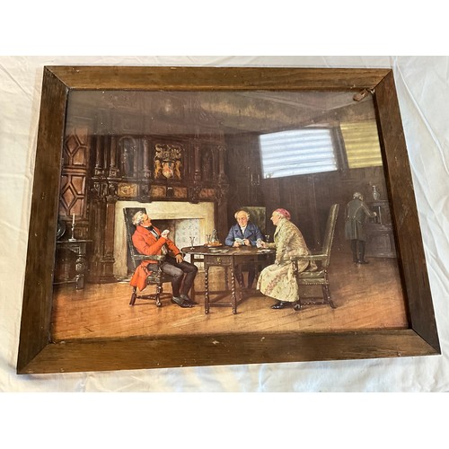 502 - OAK FRAMED VICTORIAN STYLE PRINTS SIGNED M DOVASTON AND A WOOD ANIMAL CARVING