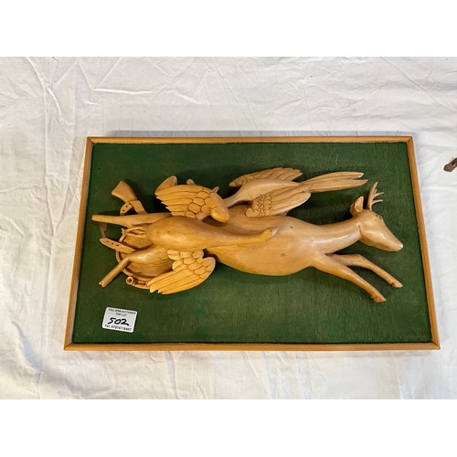 502 - OAK FRAMED VICTORIAN STYLE PRINTS SIGNED M DOVASTON AND A WOOD ANIMAL CARVING