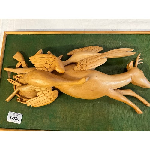 502 - OAK FRAMED VICTORIAN STYLE PRINTS SIGNED M DOVASTON AND A WOOD ANIMAL CARVING