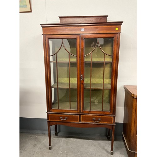 509 - EDWARDIAN MAHOGANY INLAID DISPLAY CABINET WITH TWO GLASS DOORS TO TOP AND TWO DRAWERS BENEATH WITH U... 