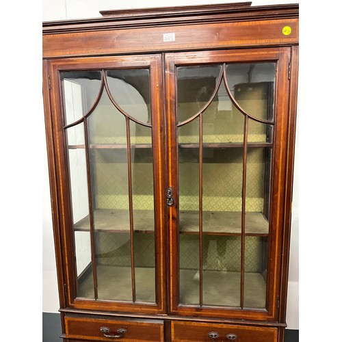 509 - EDWARDIAN MAHOGANY INLAID DISPLAY CABINET WITH TWO GLASS DOORS TO TOP AND TWO DRAWERS BENEATH WITH U... 