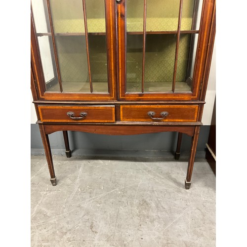 509 - EDWARDIAN MAHOGANY INLAID DISPLAY CABINET WITH TWO GLASS DOORS TO TOP AND TWO DRAWERS BENEATH WITH U... 
