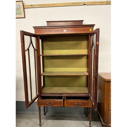 509 - EDWARDIAN MAHOGANY INLAID DISPLAY CABINET WITH TWO GLASS DOORS TO TOP AND TWO DRAWERS BENEATH WITH U... 
