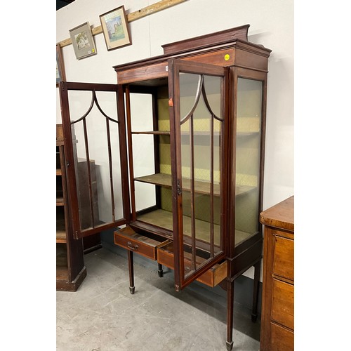 509 - EDWARDIAN MAHOGANY INLAID DISPLAY CABINET WITH TWO GLASS DOORS TO TOP AND TWO DRAWERS BENEATH WITH U... 