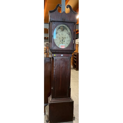 522 - VICTORIAN MAHOGANY INLAID GRANDFATHER CLOCK WITH OVAL ENAMEL FACE ROLLING MOON WITH WEIGHT KEY AND P... 