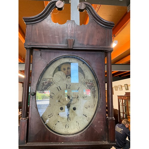 522 - VICTORIAN MAHOGANY INLAID GRANDFATHER CLOCK WITH OVAL ENAMEL FACE ROLLING MOON WITH WEIGHT KEY AND P... 
