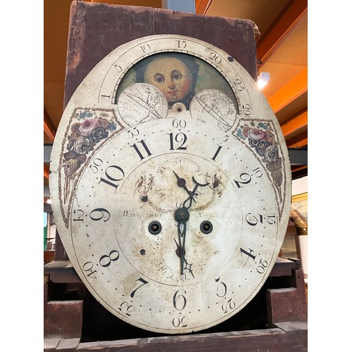 522 - VICTORIAN MAHOGANY INLAID GRANDFATHER CLOCK WITH OVAL ENAMEL FACE ROLLING MOON WITH WEIGHT KEY AND P... 