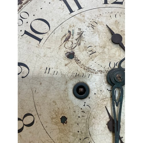 522 - VICTORIAN MAHOGANY INLAID GRANDFATHER CLOCK WITH OVAL ENAMEL FACE ROLLING MOON WITH WEIGHT KEY AND P... 