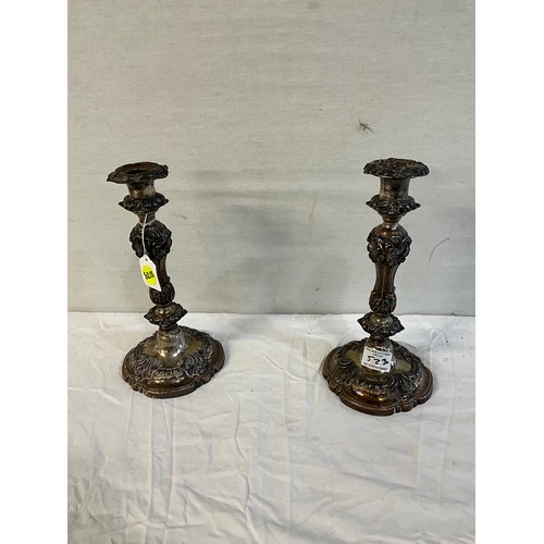 523 - PAIR OF ORNATE SILVER PLATED WEIGHTED CANDLESTICKS  H12