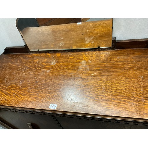 536 - VINTAGE OAK MIRROR BACKED  STRETCHERED BASE TWO DOOR SIDEBOARD WITH THREE DRAWERS TO INTERIOR AND CA... 