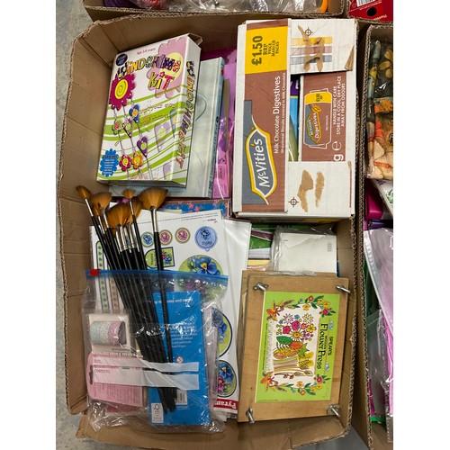 196 - FOUR BOXES OF CRAFTING ITEMS TO INCLUDE TAPESTRY KIT, KNITTING NEEDLES ETC