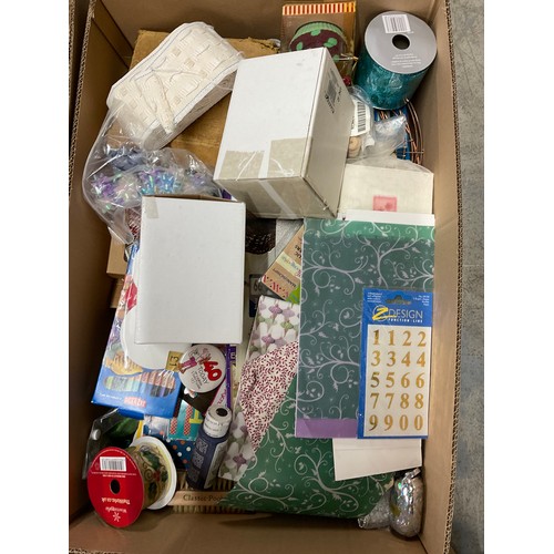 196 - FOUR BOXES OF CRAFTING ITEMS TO INCLUDE TAPESTRY KIT, KNITTING NEEDLES ETC