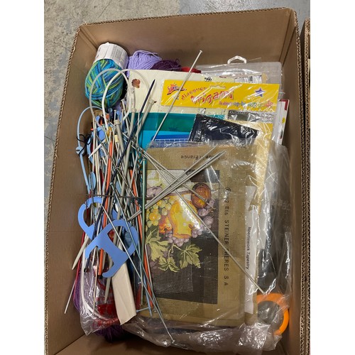 196 - FOUR BOXES OF CRAFTING ITEMS TO INCLUDE TAPESTRY KIT, KNITTING NEEDLES ETC