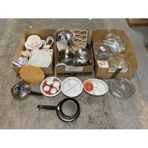221 - THREE BOXES OF KITCHEN ITEMS TO INCLUDE PYREX