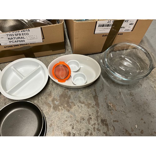 221 - THREE BOXES OF KITCHEN ITEMS TO INCLUDE PYREX