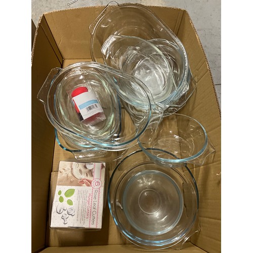 221 - THREE BOXES OF KITCHEN ITEMS TO INCLUDE PYREX
