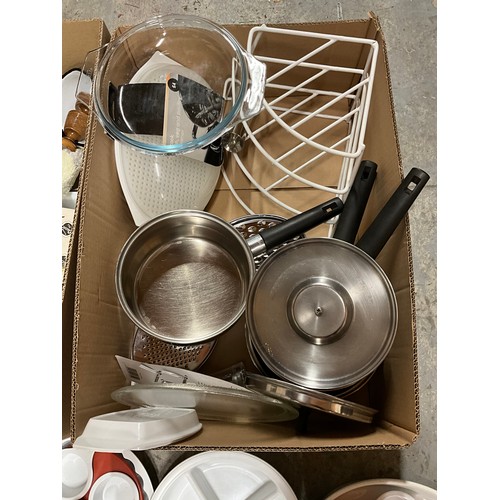 221 - THREE BOXES OF KITCHEN ITEMS TO INCLUDE PYREX