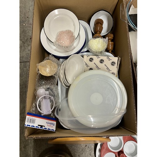 221 - THREE BOXES OF KITCHEN ITEMS TO INCLUDE PYREX