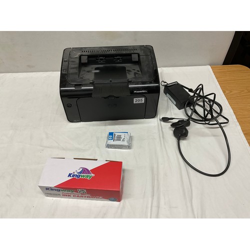 205 - HP LASER JET P1102W PRINTER ALONG WITH A BOX OF INK CARTRIDGES