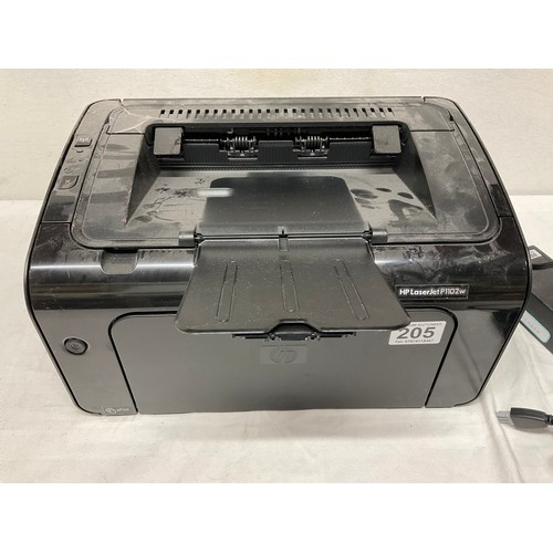 205 - HP LASER JET P1102W PRINTER ALONG WITH A BOX OF INK CARTRIDGES