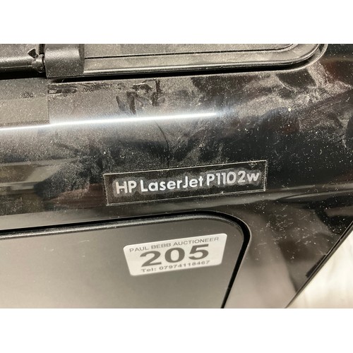 205 - HP LASER JET P1102W PRINTER ALONG WITH A BOX OF INK CARTRIDGES