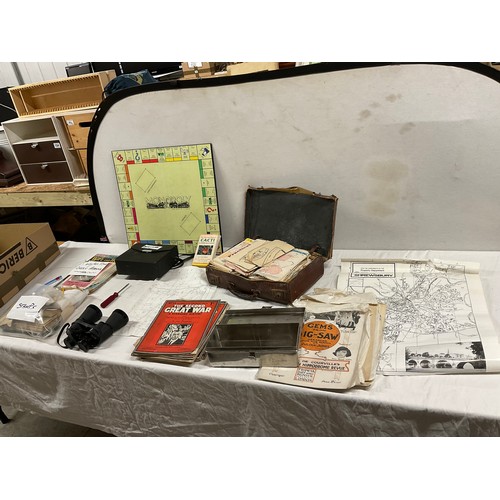 189 - BOX OF ODDS TO INCLUDE A SUITCASE OF VINTAGE DRESS PATTERNS, STAMPS, BINOCULARS ETC