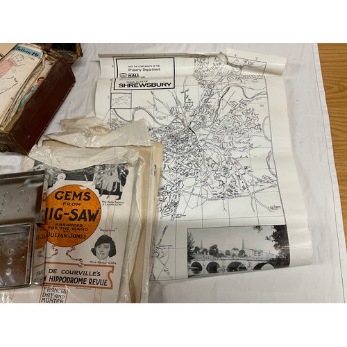 189 - BOX OF ODDS TO INCLUDE A SUITCASE OF VINTAGE DRESS PATTERNS, STAMPS, BINOCULARS ETC