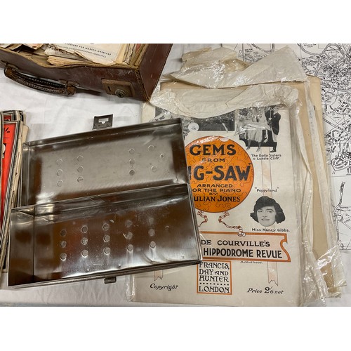189 - BOX OF ODDS TO INCLUDE A SUITCASE OF VINTAGE DRESS PATTERNS, STAMPS, BINOCULARS ETC