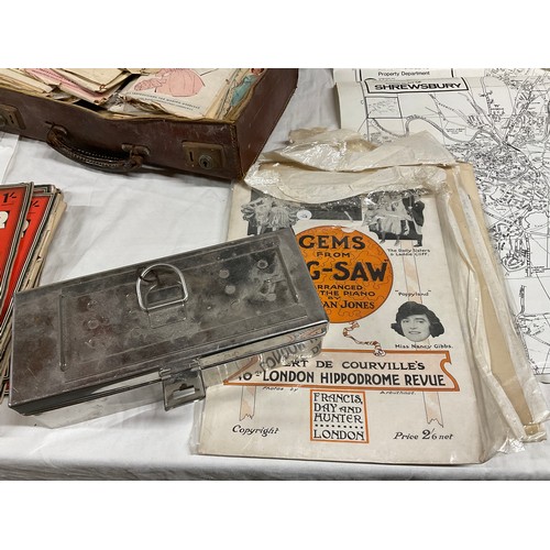 189 - BOX OF ODDS TO INCLUDE A SUITCASE OF VINTAGE DRESS PATTERNS, STAMPS, BINOCULARS ETC