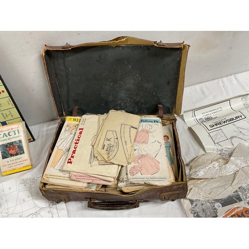 189 - BOX OF ODDS TO INCLUDE A SUITCASE OF VINTAGE DRESS PATTERNS, STAMPS, BINOCULARS ETC