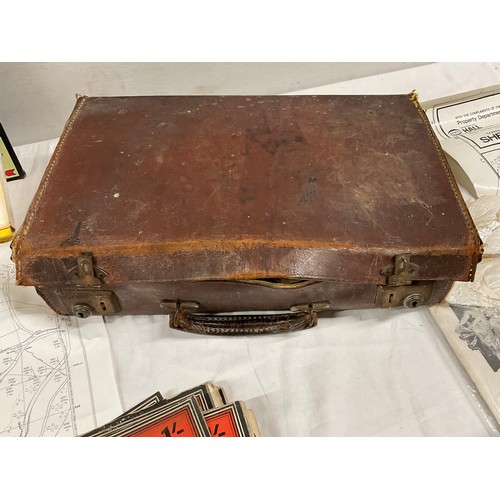 189 - BOX OF ODDS TO INCLUDE A SUITCASE OF VINTAGE DRESS PATTERNS, STAMPS, BINOCULARS ETC