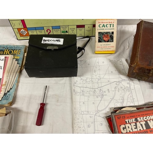 189 - BOX OF ODDS TO INCLUDE A SUITCASE OF VINTAGE DRESS PATTERNS, STAMPS, BINOCULARS ETC