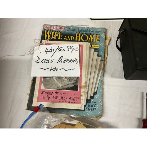 189 - BOX OF ODDS TO INCLUDE A SUITCASE OF VINTAGE DRESS PATTERNS, STAMPS, BINOCULARS ETC