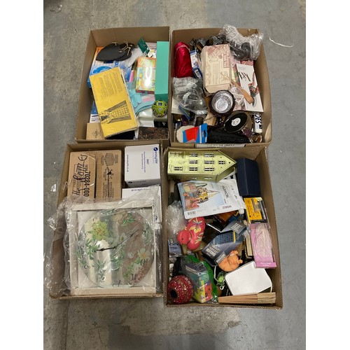 184 - FOUR BOXES OF ODDS TO INCLUDE ORNAMENTS, WALL CLOCK ETC