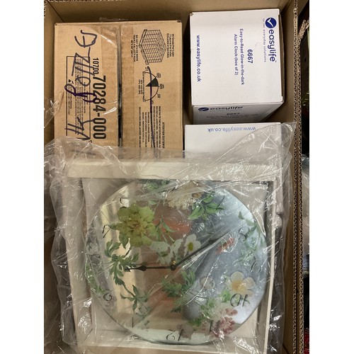 184 - FOUR BOXES OF ODDS TO INCLUDE ORNAMENTS, WALL CLOCK ETC