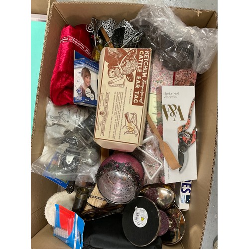 184 - FOUR BOXES OF ODDS TO INCLUDE ORNAMENTS, WALL CLOCK ETC