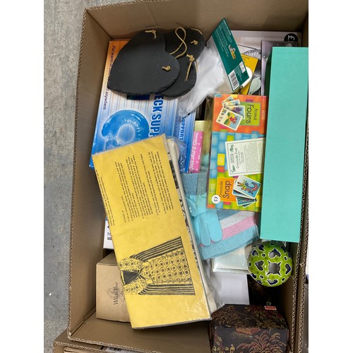 184 - FOUR BOXES OF ODDS TO INCLUDE ORNAMENTS, WALL CLOCK ETC