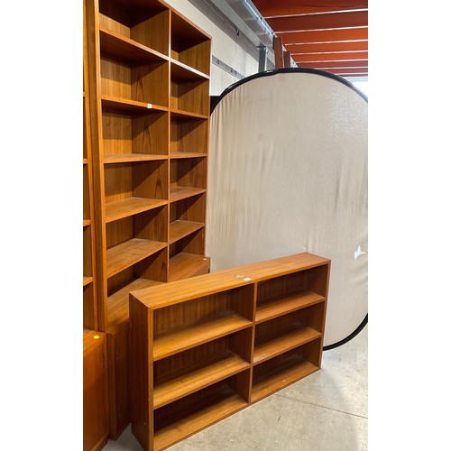 379 - ONE LARGE VINTAGE TEAK BOOK CASE AND SMALL BOOKCASE H 88’ W 52’ D 12’, H 31’ W 52’ D 8’