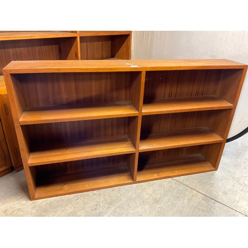 379 - ONE LARGE VINTAGE TEAK BOOK CASE AND SMALL BOOKCASE H 88’ W 52’ D 12’, H 31’ W 52’ D 8’