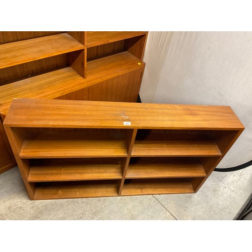 379 - ONE LARGE VINTAGE TEAK BOOK CASE AND SMALL BOOKCASE H 88’ W 52’ D 12’, H 31’ W 52’ D 8’