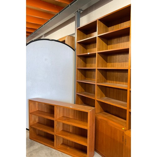 378 - ONE LARGE   VINTAGE TEAK BOOK CASE AND SMALL BOOK CASE H 88’ W 52’ D 12’, H 31’ W 52’ D 8’